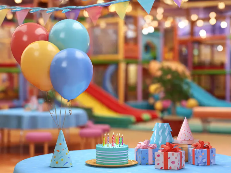 Ay Park doğum günü kutlaması illüstrasyonu, balonlar ve süslemeler